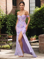 Purple Floral Mermaid Prom Dress Off Shoulder With Slit