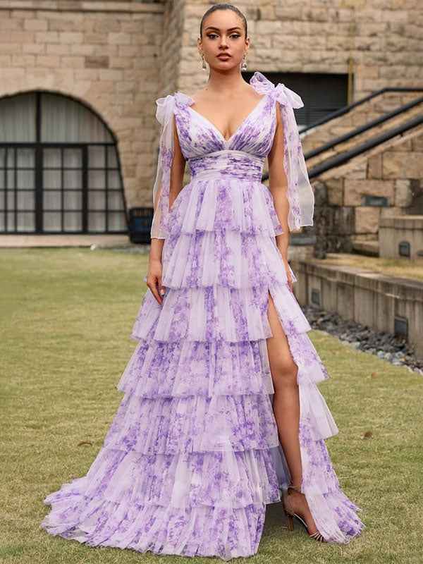 Lavender Floral A Line V Neck Long Pleated Prom Dress With Slit