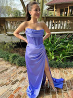 Purple Mermaid Strapless Pleated Long Prom Dress With Train Satin Corset Bodice