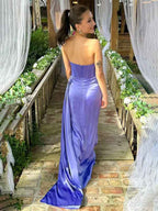 Purple Mermaid Strapless Pleated Long Prom Dress With Train Satin Corset Bodice