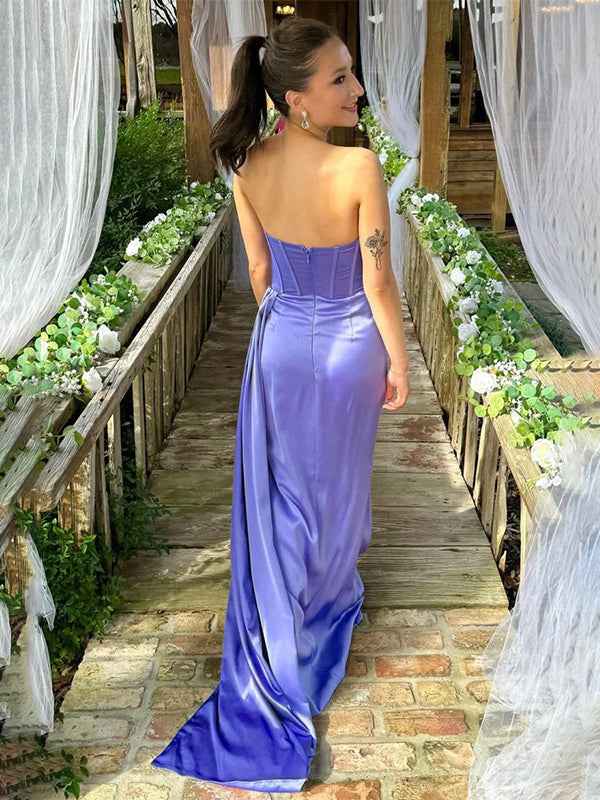 Purple Mermaid Strapless Pleated Long Prom Dress With Train Satin Corset Bodice