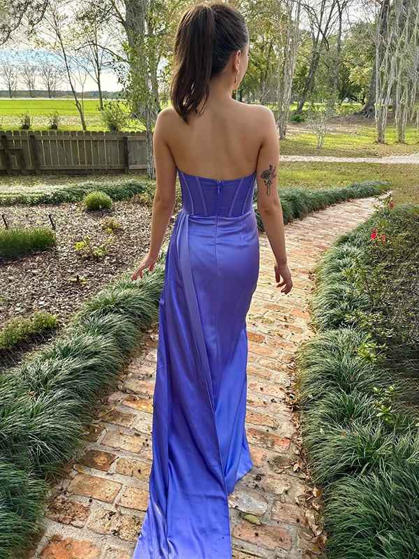 Purple Mermaid Strapless Pleated Long Prom Dress With Train Satin Corset Bodice