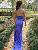 Purple Mermaid Strapless Pleated Long Prom Dress With Train Satin Corset Bodice