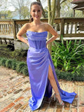 Purple Mermaid Strapless Pleated Long Prom Dress With Train Satin Corset Bodice