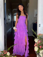 Orchid Purple Strapless Cascading Tiered Ruffle Prom Gown