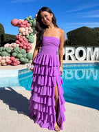 Orchid Purple Strapless Cascading Tiered Ruffle Prom Gown