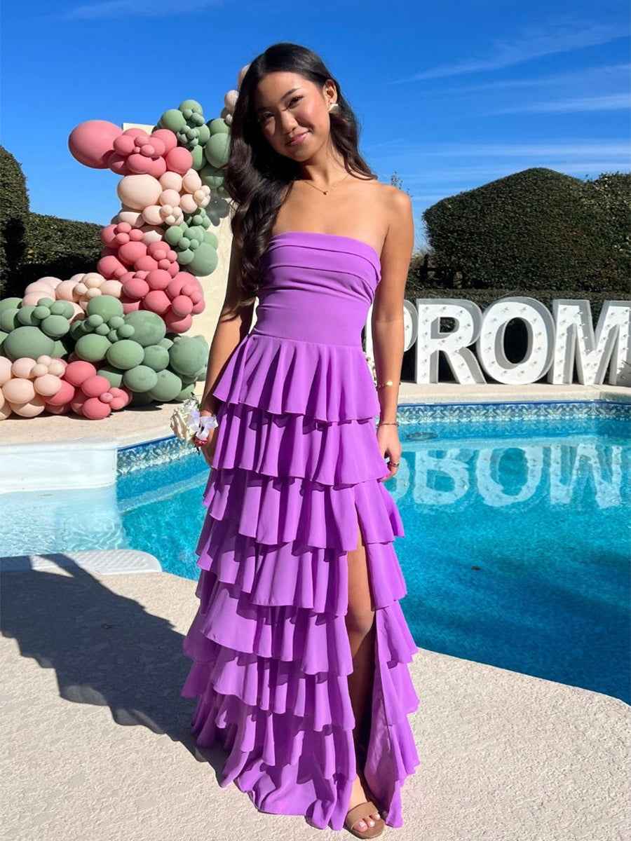 Orchid Purple Strapless Cascading Tiered Ruffle Prom Gown