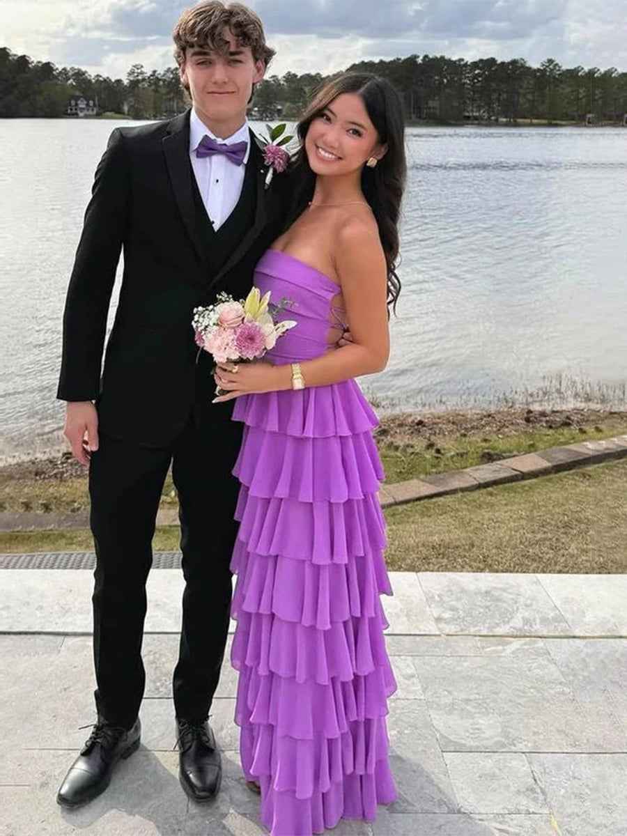 Orchid Purple Strapless Cascading Tiered Ruffle Prom Gown