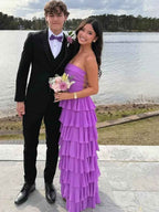 Orchid Purple Strapless Cascading Tiered Ruffle Prom Gown