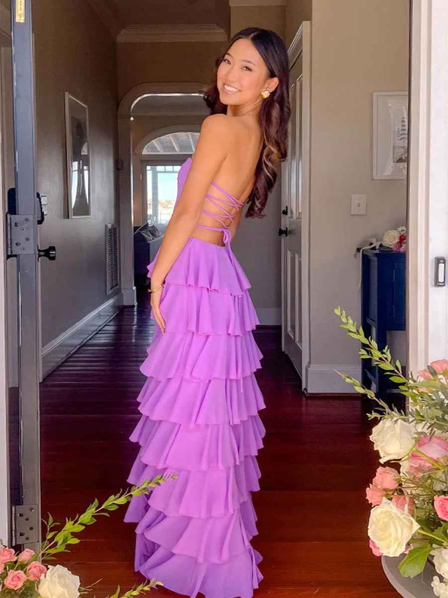 Orchid Purple Strapless Cascading Tiered Ruffle Prom Gown