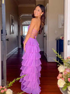 Orchid Purple Strapless Cascading Tiered Ruffle Prom Gown