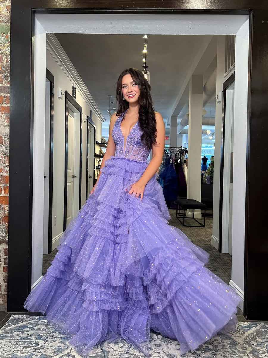 Purple Glitter Beaded Corset Halter Prom Dress With Ruffles