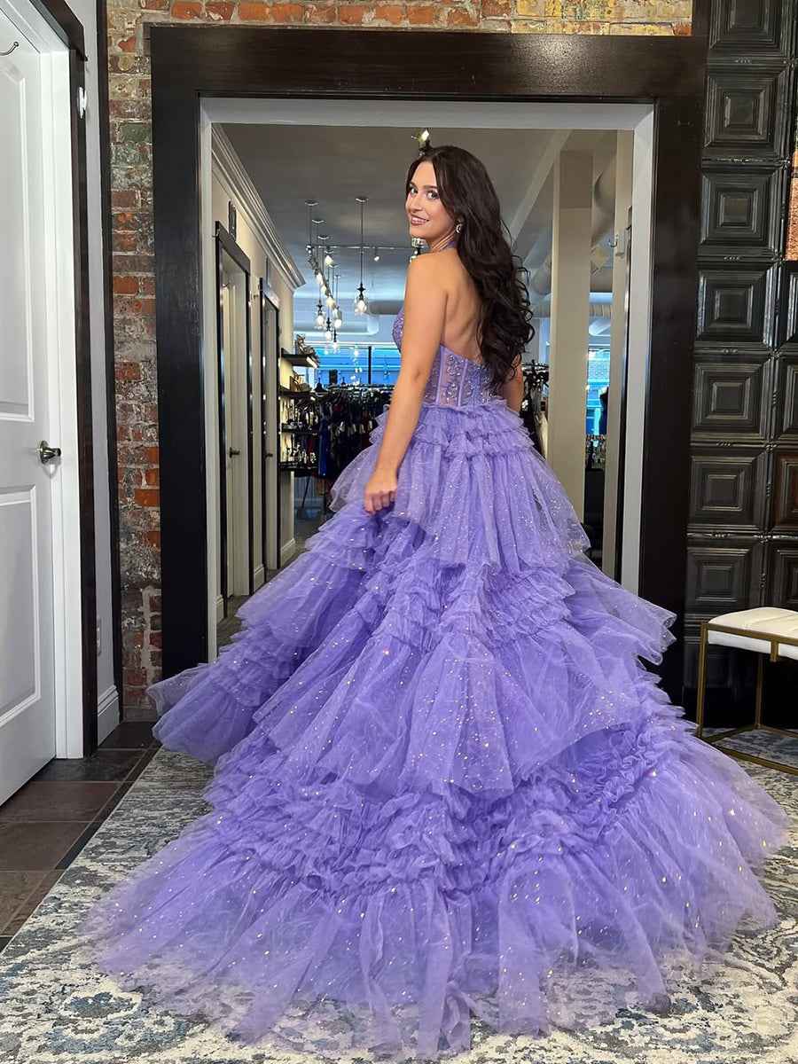 Purple Glitter Beaded Corset Halter Prom Dress With Ruffles