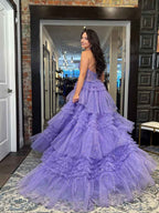 Purple Glitter Beaded Corset Halter Prom Dress With Ruffles