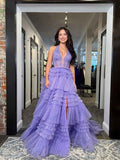 Purple Glitter Beaded Corset Halter Prom Dress With Ruffles