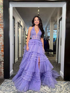 Purple Glitter Beaded Corset Halter Prom Dress With Ruffles