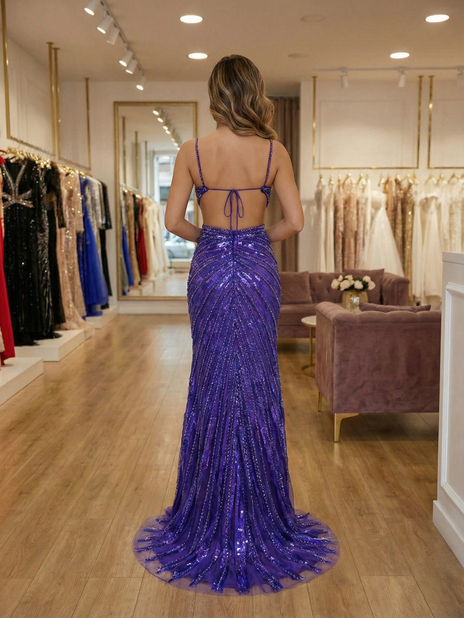 Purple Sequin V Neck Cutout Prom Dress High Slit