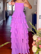Orchid Purple Strapless Cascading Tiered Ruffle Prom Gown