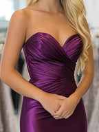Strapless Purple Satin Crisscross Ruched Prom Dress With Slit