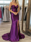 Strapless Purple Satin Crisscross Ruched Prom Dress With Slit