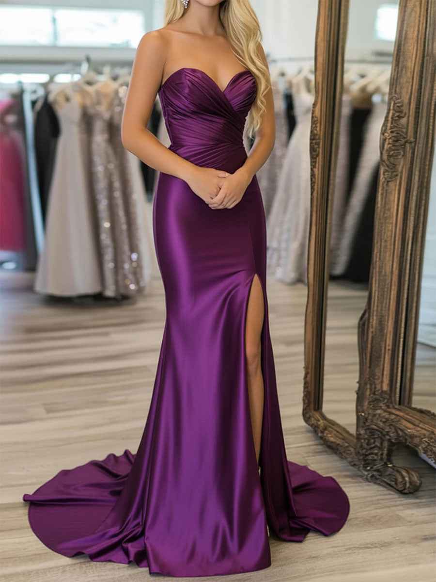 Strapless Purple Satin Crisscross Ruched Prom Dress With Slit