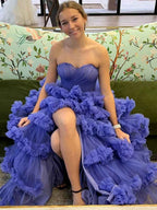 Purple Strapless Tiered Ruffle Corset Prom Dress With Slit
