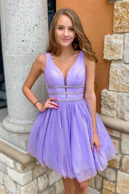 Purple Tulle A-line Short Homecoming Dresses With Belt, Graduation Dress