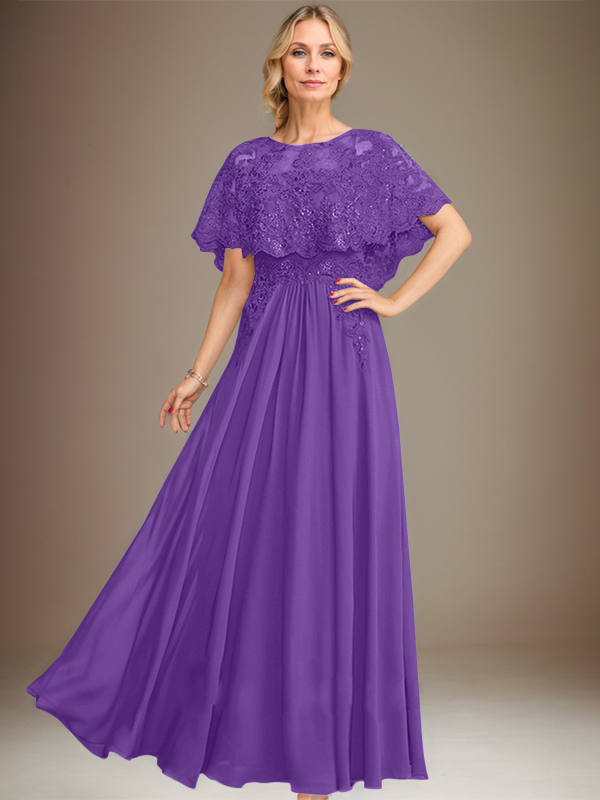 Robe de mère de la mariée en mousseline de soie à dentelle, longueur au sol, en ligne A, col bateau, ornée d'appliques à paillettes