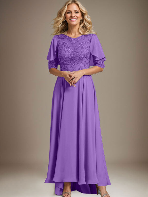 Robe de mère de la mariée en mousseline et dentelle asymétrique à encolure dégagée en ligne A avec perles