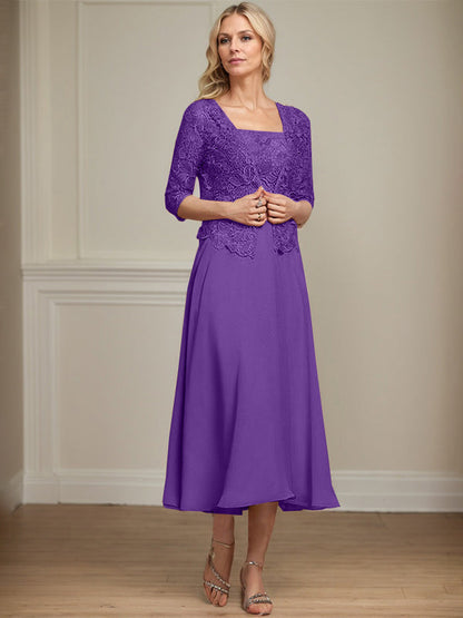 A-Linie Quadratisches Wadenlanges Chiffon-Spitzenkleid für die Brautmutter mit Pailletten und Perlen 