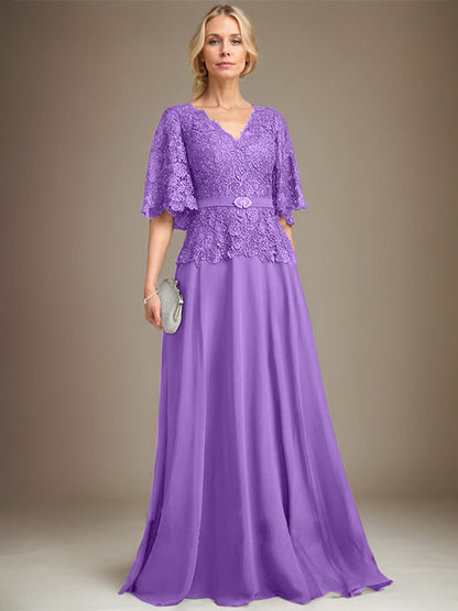 A-Linie V-Ausschnitt Bodenlang Chiffon Spitze Mutter der Braut Kleid Mit Kristall Brosche Strass 