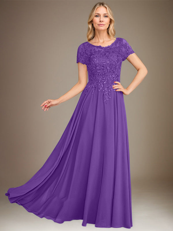 Robe de mère de la mariée en mousseline, longueur au sol, coupe en A, décolleté arrondi, ornée d'appliques et de paillettes