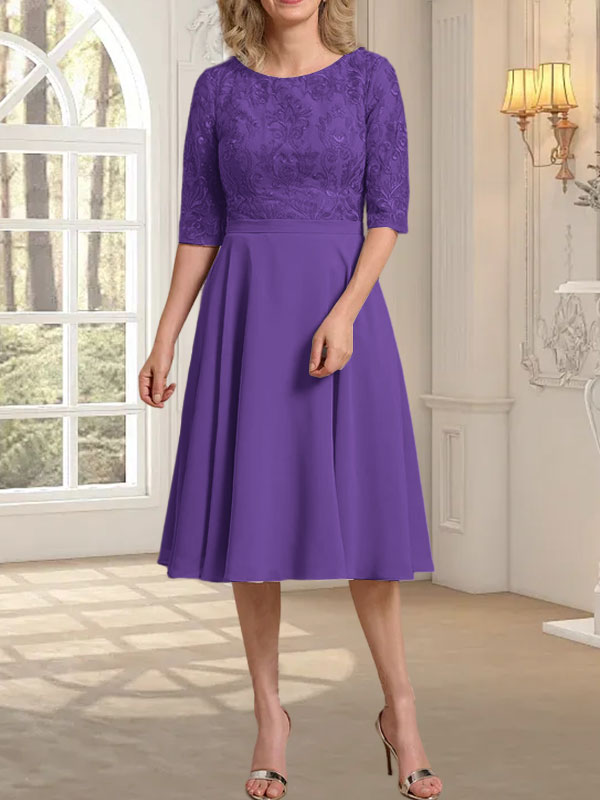 A-Linie U-Ausschnitt Knielang Chiffon Spitzenkleid für die Brautmutter