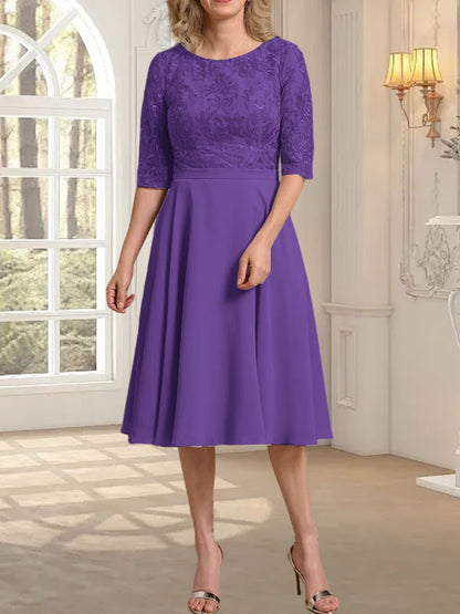 A-Linie U-Ausschnitt Knielang Chiffon Spitzenkleid für die Brautmutter