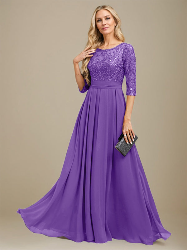 A-Linie U-Ausschnitt Bodenlang Spitzen-Chiffon-Kleid für die Brautmutter mit Paillettenapplikation 