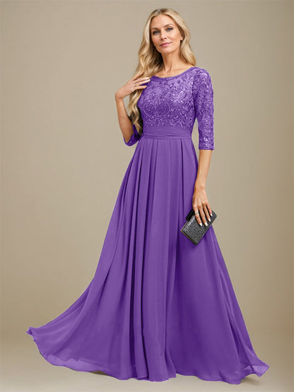 A-Linie U-Ausschnitt Bodenlang Spitzen-Chiffon-Kleid für die Brautmutter mit Paillettenapplikation 