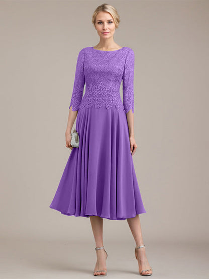A-Linie U-Ausschnitt Wadenlang Chiffon-Kleid für die Brautmutter 