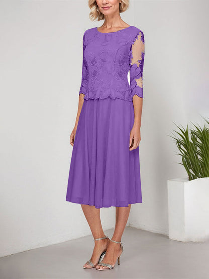 A-Linie U-Ausschnitt Wadenlang Spitzen Chiffon Mutter der Braut Kleid mit Stickerei 