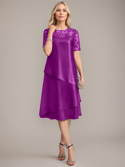 A-Linie, U-Ausschnitt, knielanges Kleid für die Brautmutter mit Applikationen und Pailletten 