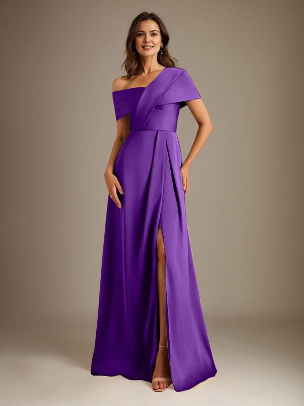 Robe de mère de la mariée en satin, longueur au sol, encolure asymétrique en ligne A avec plis