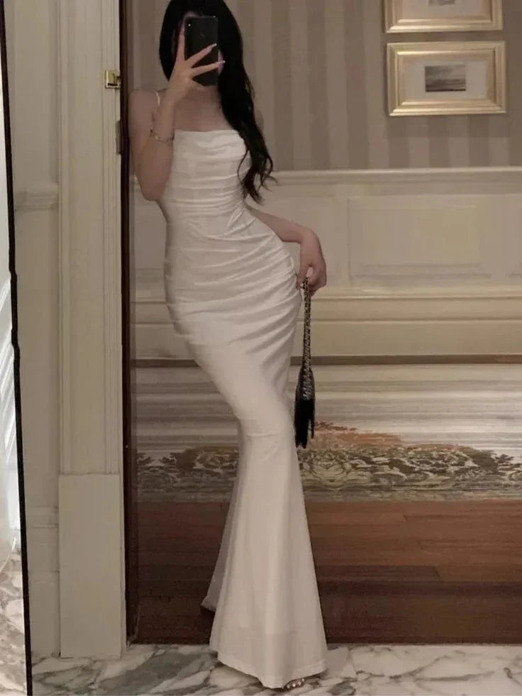 Abito da sera bianco a sirena con sottili spalline spaghetti, lungo, per ballo di fine anno Y7787