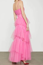 Elegante abito lungo da sera a balze in tulle rosa acceso a linea ad A Y1594