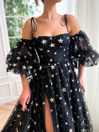 Vestido longo de baile preto em tule com corte em A, vestido formal de noite em tule preto Y248