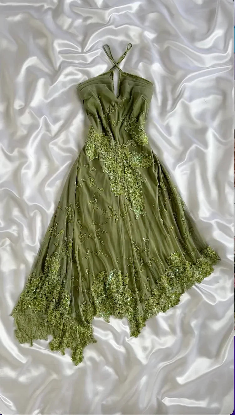 Abito da sera formale unico in chiffon verde con pizzo, paillettes e perline, modello Y8308