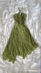Abito da sera formale unico in chiffon verde con pizzo, paillettes e perline, modello Y8308