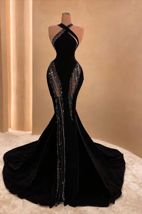 Sexy schwarzes Meerjungfrauen-Abendkleid mit Schleppe, schickes schwarzes Ballkleid Y4178
