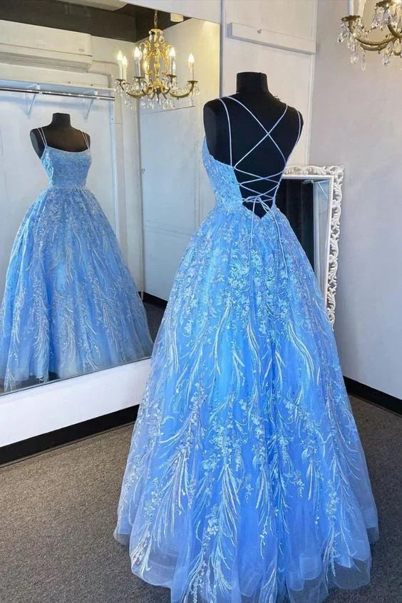 Abito formale elegante con bretelle, applicazione blu, abito da ballo, abito da sera Y5890