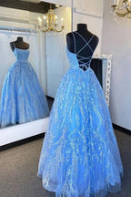 Abito formale elegante con bretelle, applicazione blu, abito da ballo, abito da sera Y5890