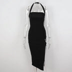Abito da sera nero da donna con collo all'americana e spacco, abito elegante nero senza maniche Y1161