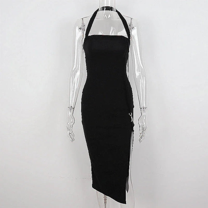 Abito da sera nero da donna con collo all'americana e spacco, abito elegante nero senza maniche Y1161
